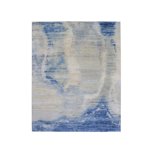 Blue and Ivory Silk and Wool Oxidized Abstract Modern Handknotted 7.11x9.11ft 244x305Cms Area Rug