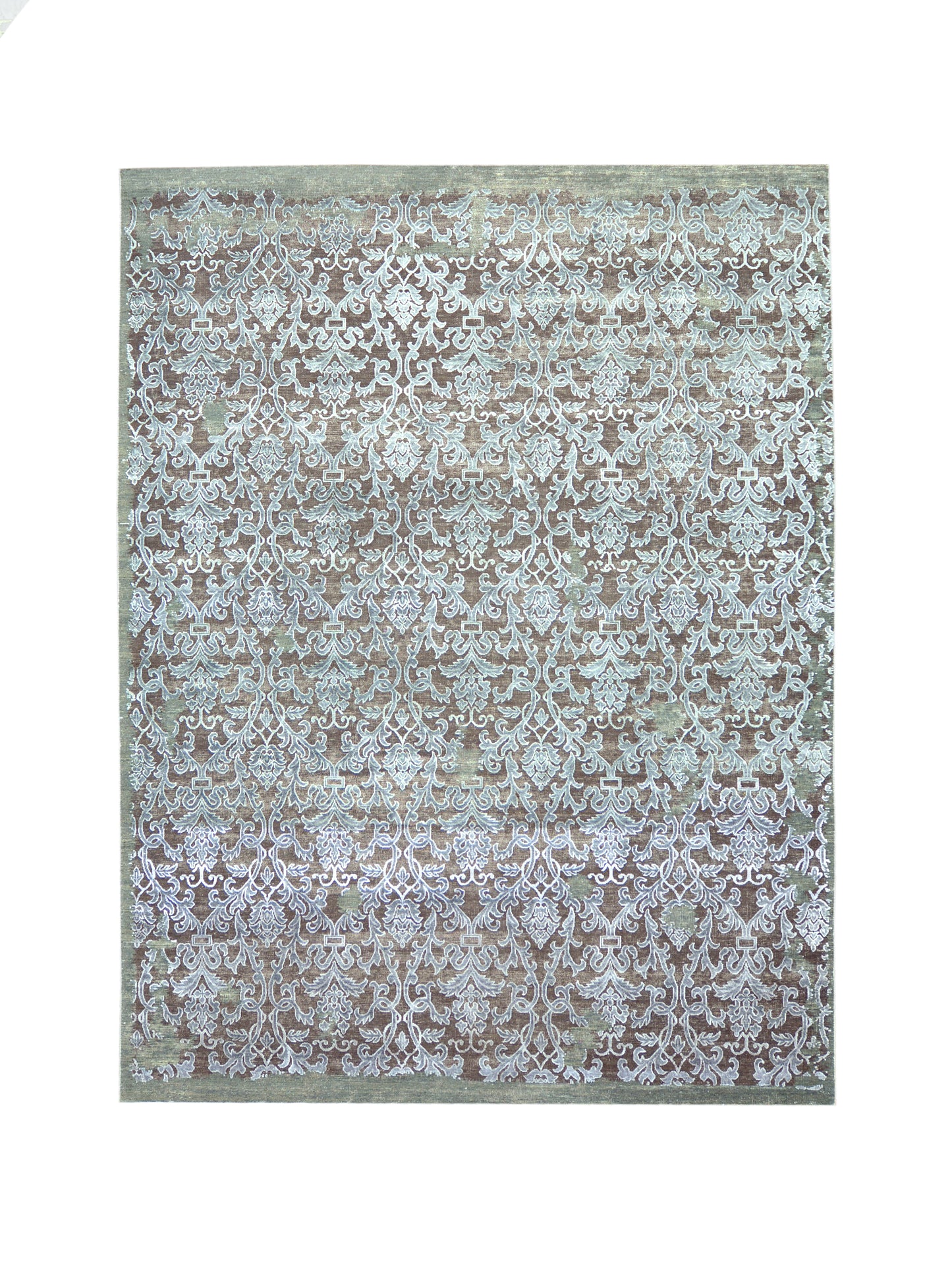 Camel, Grey Silk and Wool Transitional Damask Handknotted 7.11x10.6Ft 240x319Cms Area Rug