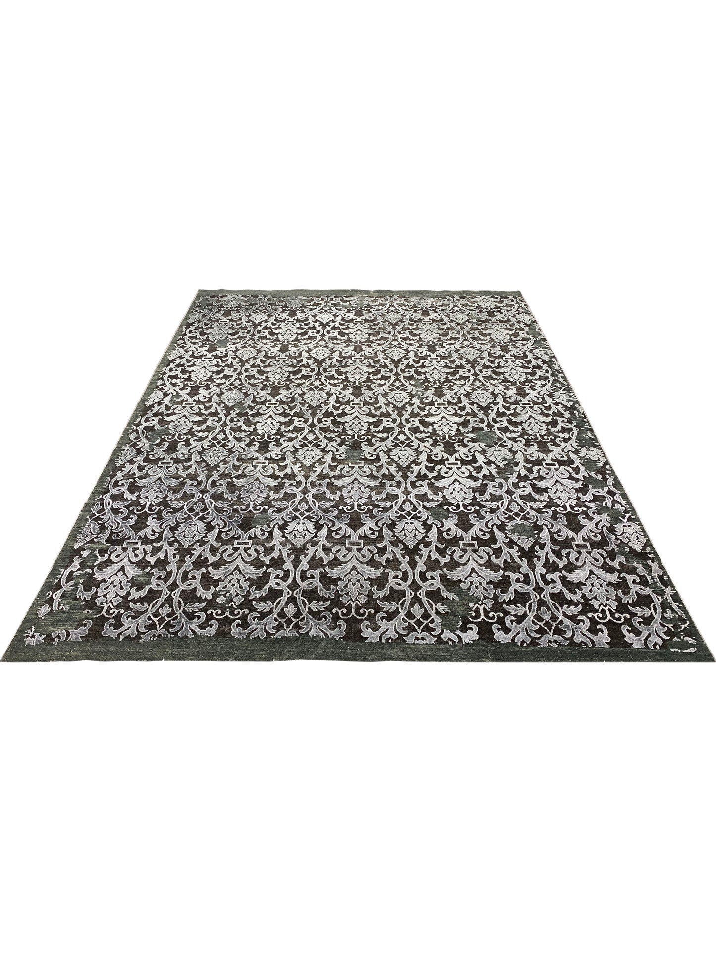 Camel, Grey Silk and Wool Transitional Damask Handknotted 7.11x10.6Ft 240x319Cms Area Rug