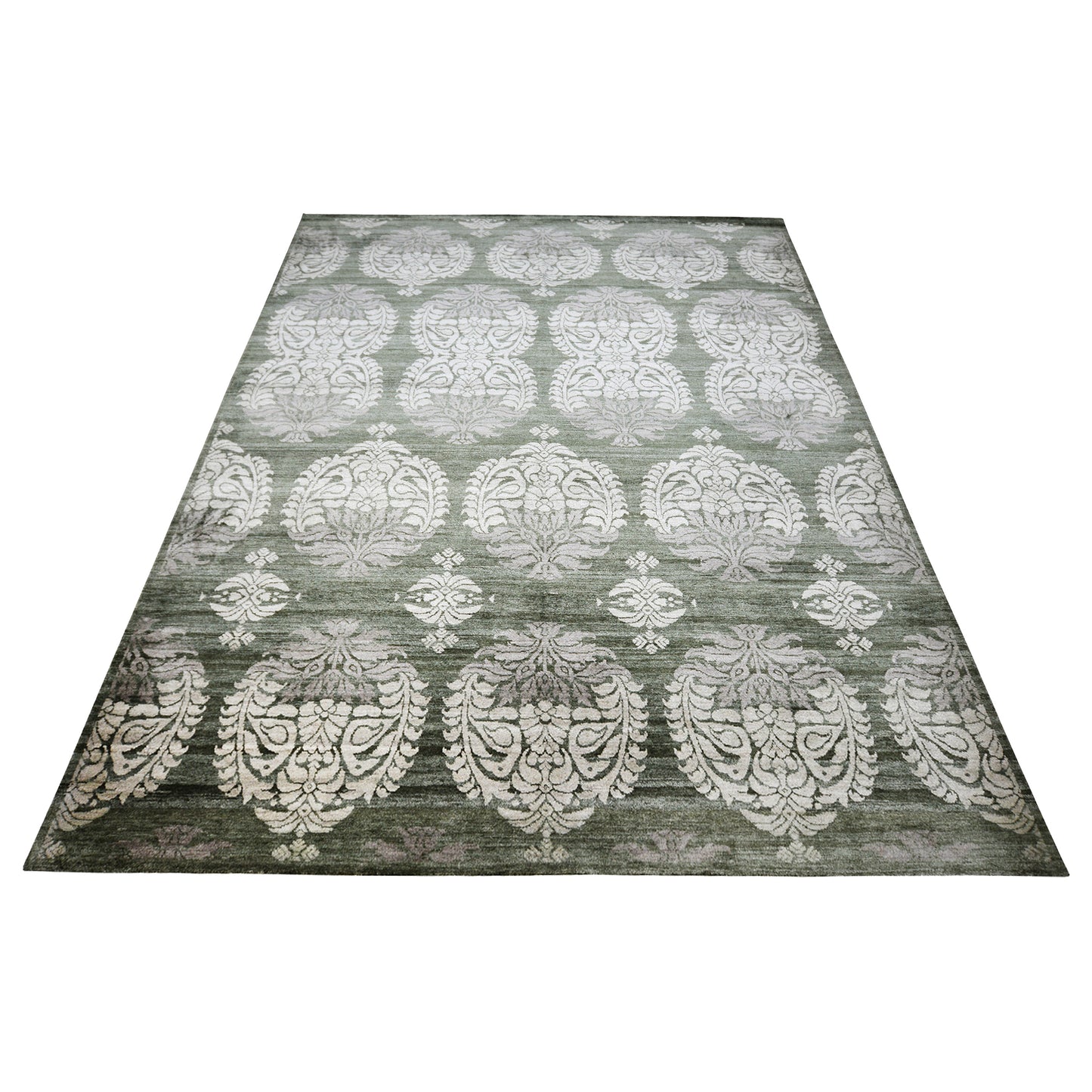 Flower Green and Ivory Transitional Floral Pure Silk Handknotted 8.2x9.11Ft 249x303Cms Area Rug
