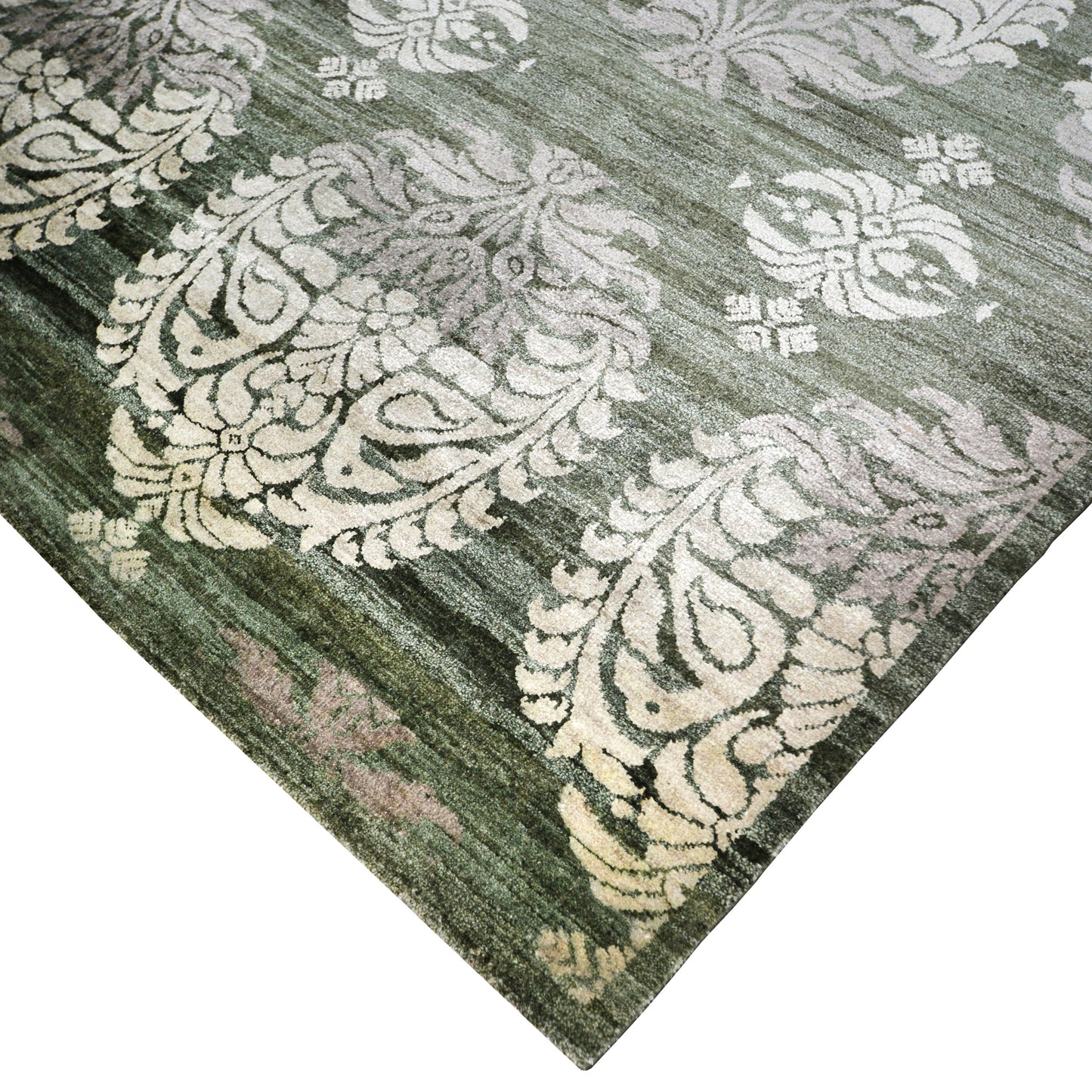 Flower Green and Ivory Transitional Floral Pure Silk Handknotted 8.2x9.11Ft 249x303Cms Area Rug