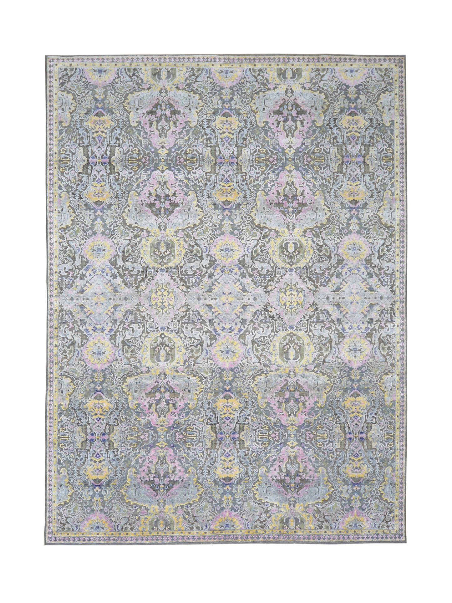 L. Green and Brown, Viscose and Wool Transitional Handknotted 8.8x11.11Ft 275x365Cms Area Rug