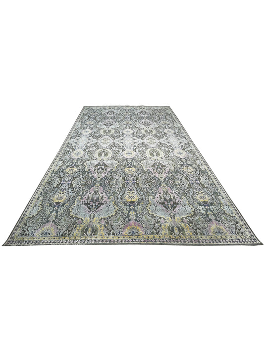 L. Green and Brown, Viscose and Wool Transitional Handknotted 8.8x11.11Ft 275x365Cms Area Rug