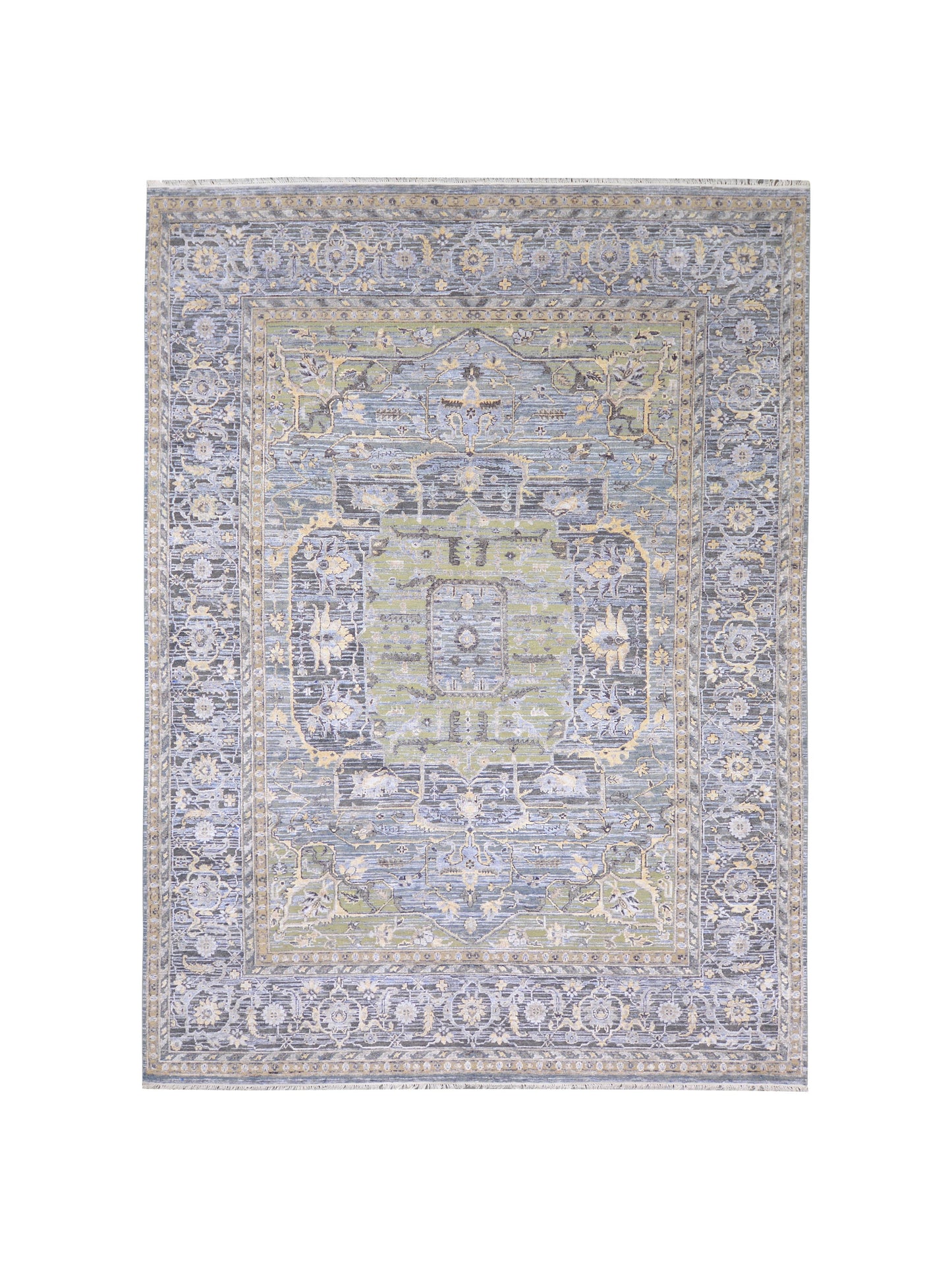L. Blue and L. Green, Silk and Wool Oxidized Traditional Handknotted 8.10x11.10Ft 270x360Cms Area Rug