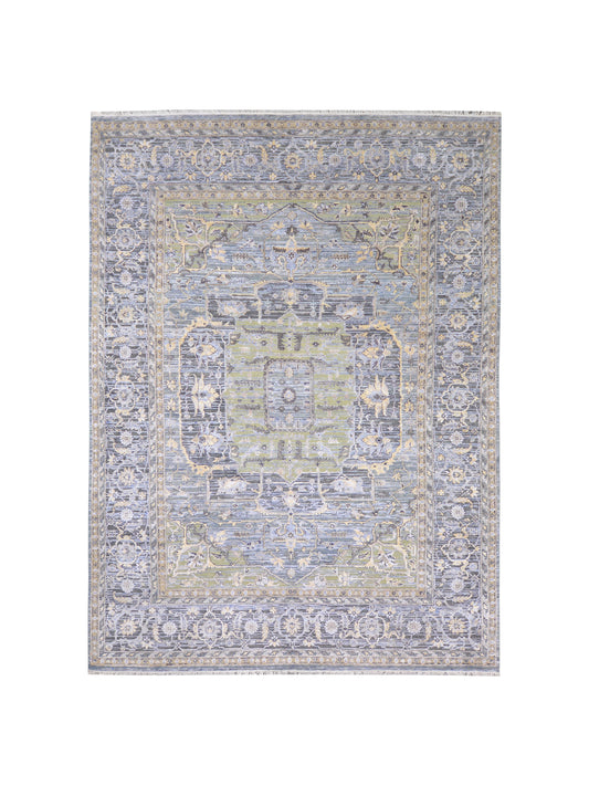 L. Blue and L. Green, Silk and Wool Oxidized Traditional Handknotted 8.10x11.10Ft 270x360Cms Area Rug