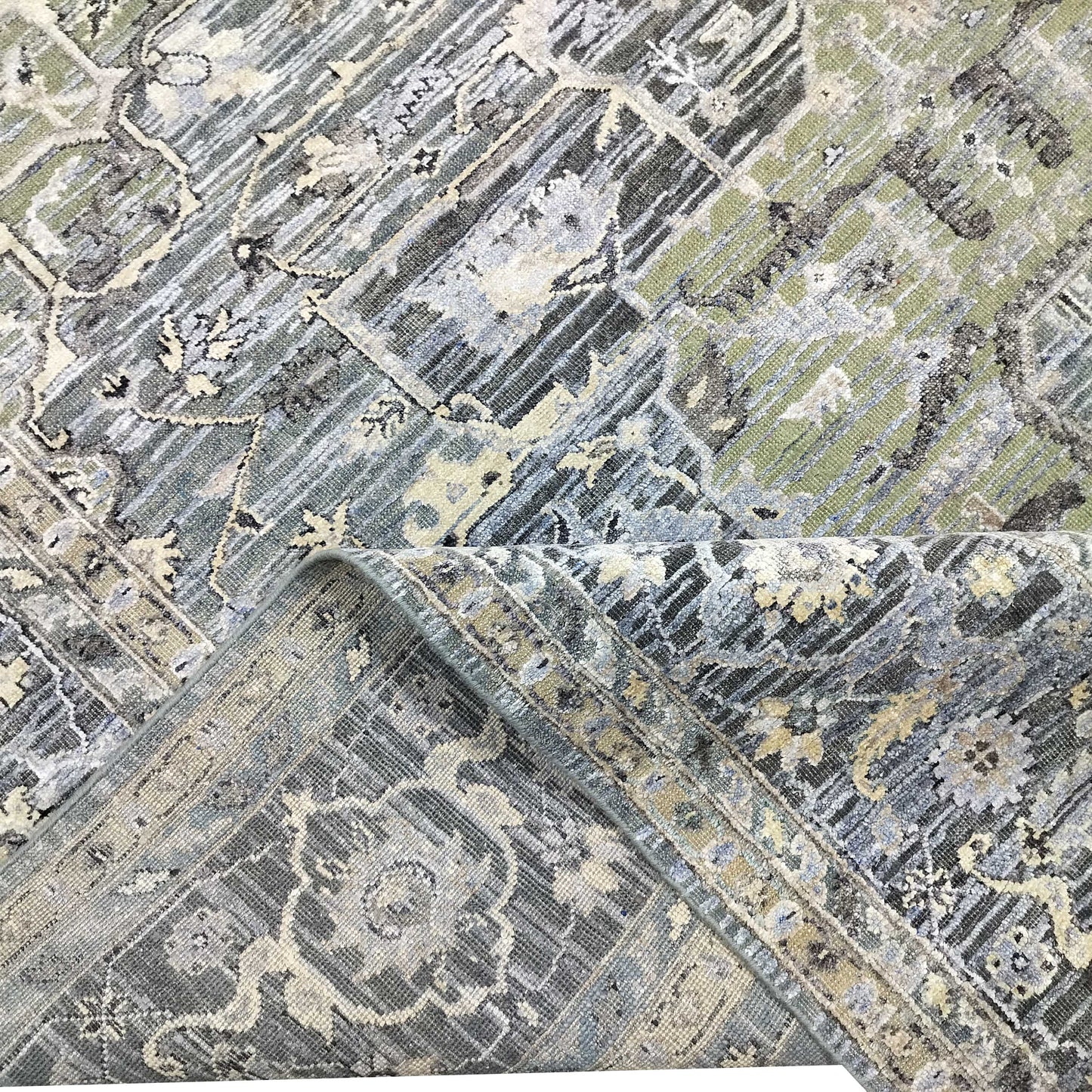 L. Blue and L. Green, Silk and Wool Oxidized Traditional Handknotted 8.10x11.10Ft 270x360Cms Area Rug