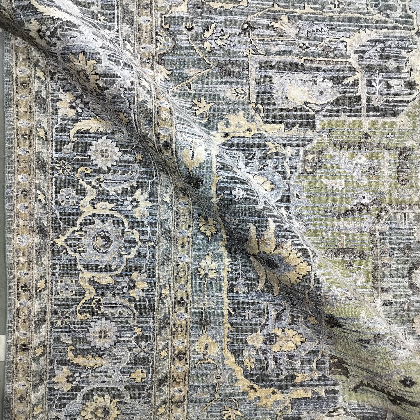 L. Blue and L. Green, Silk and Wool Oxidized Traditional Handknotted 8.10x11.10Ft 270x360Cms Area Rug