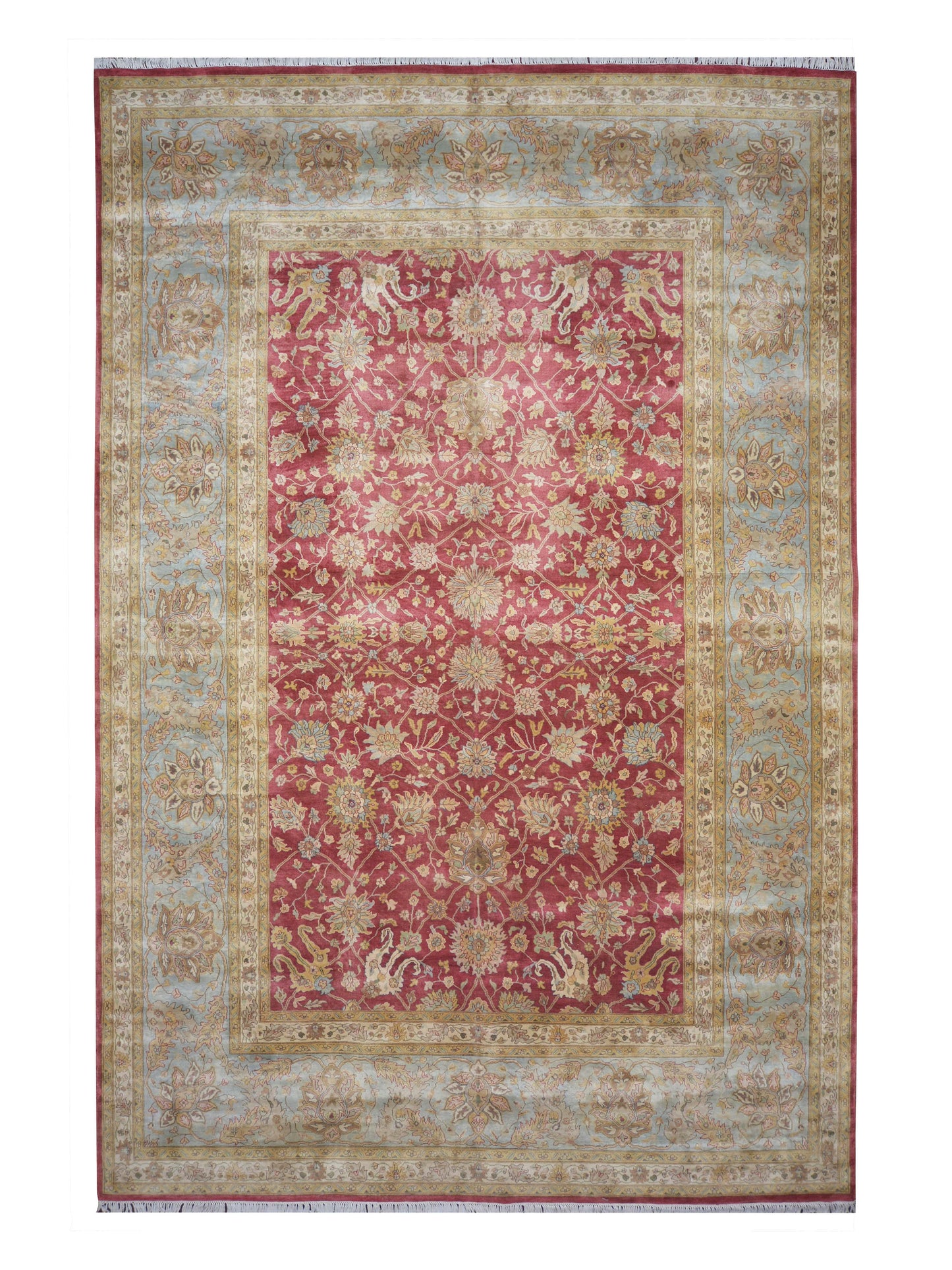 Red and L. Blue, Pure Silk Traditional Agra Handknotted 10.0x15.6Ft 305x479Cms Area Rug
