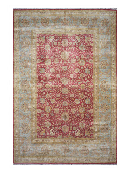 Red and L. Blue, Pure Silk Traditional Agra Handknotted 10.0x15.6Ft 305x479Cms Area Rug