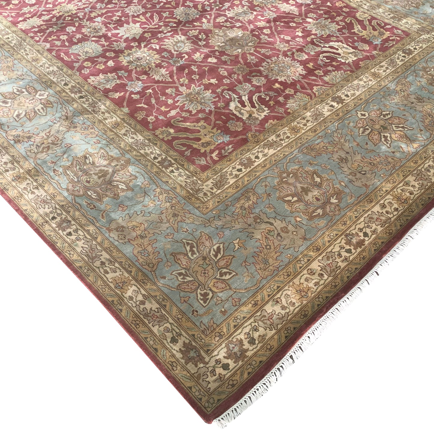 Red and L. Blue, Pure Silk Traditional Agra Handknotted 10.0x15.6Ft 305x479Cms Area Rug