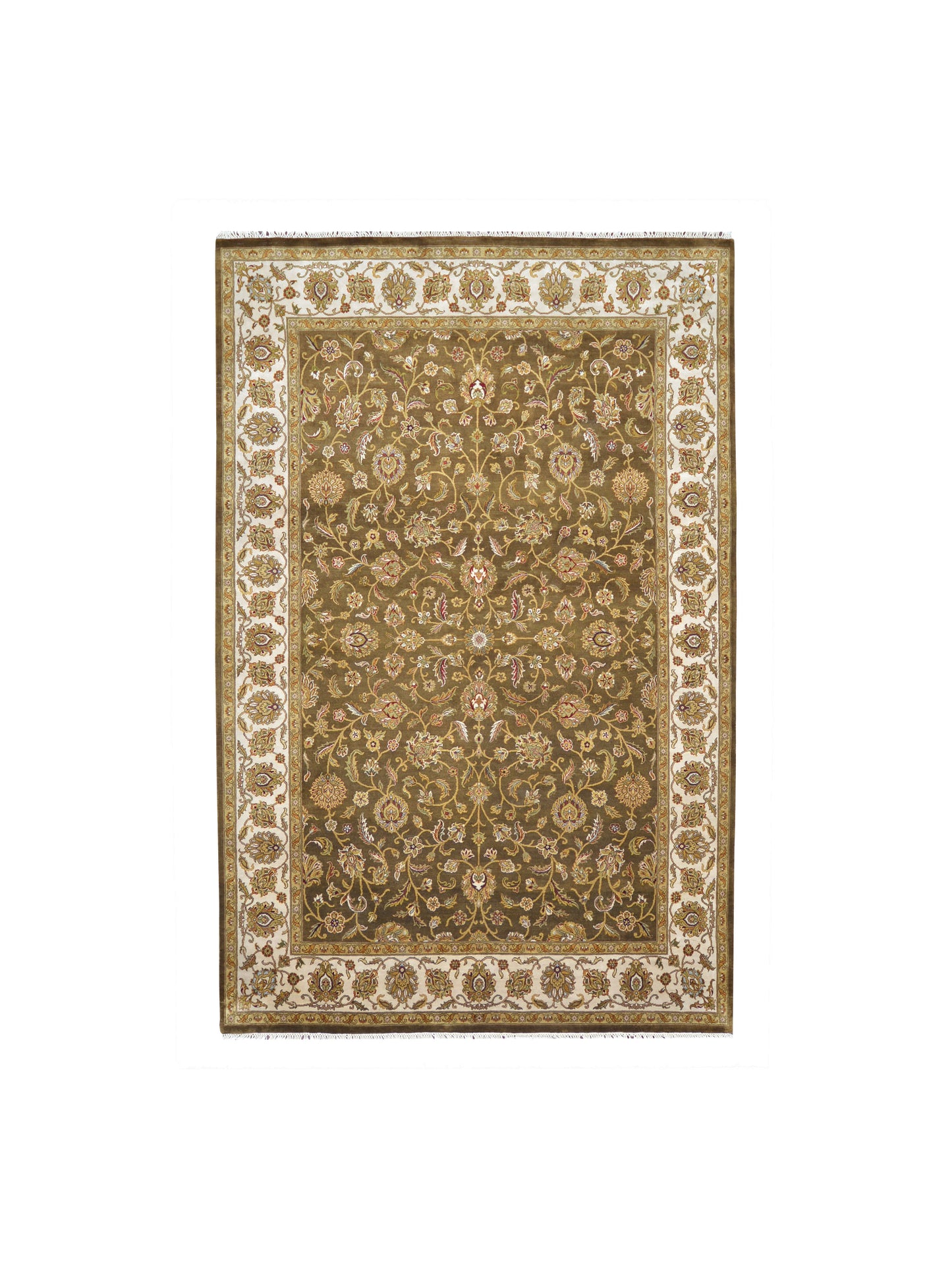 Brown and Ivory, Pure Silk Regular Persian Traditional Handknotted 6.6x9.5Ft 198x286Cms Area Rug