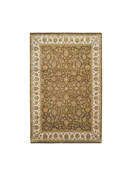 Brown and Ivory, Pure Silk Regular Persian Traditional Handknotted 6.6x9.5Ft 198x286Cms Area Rug
