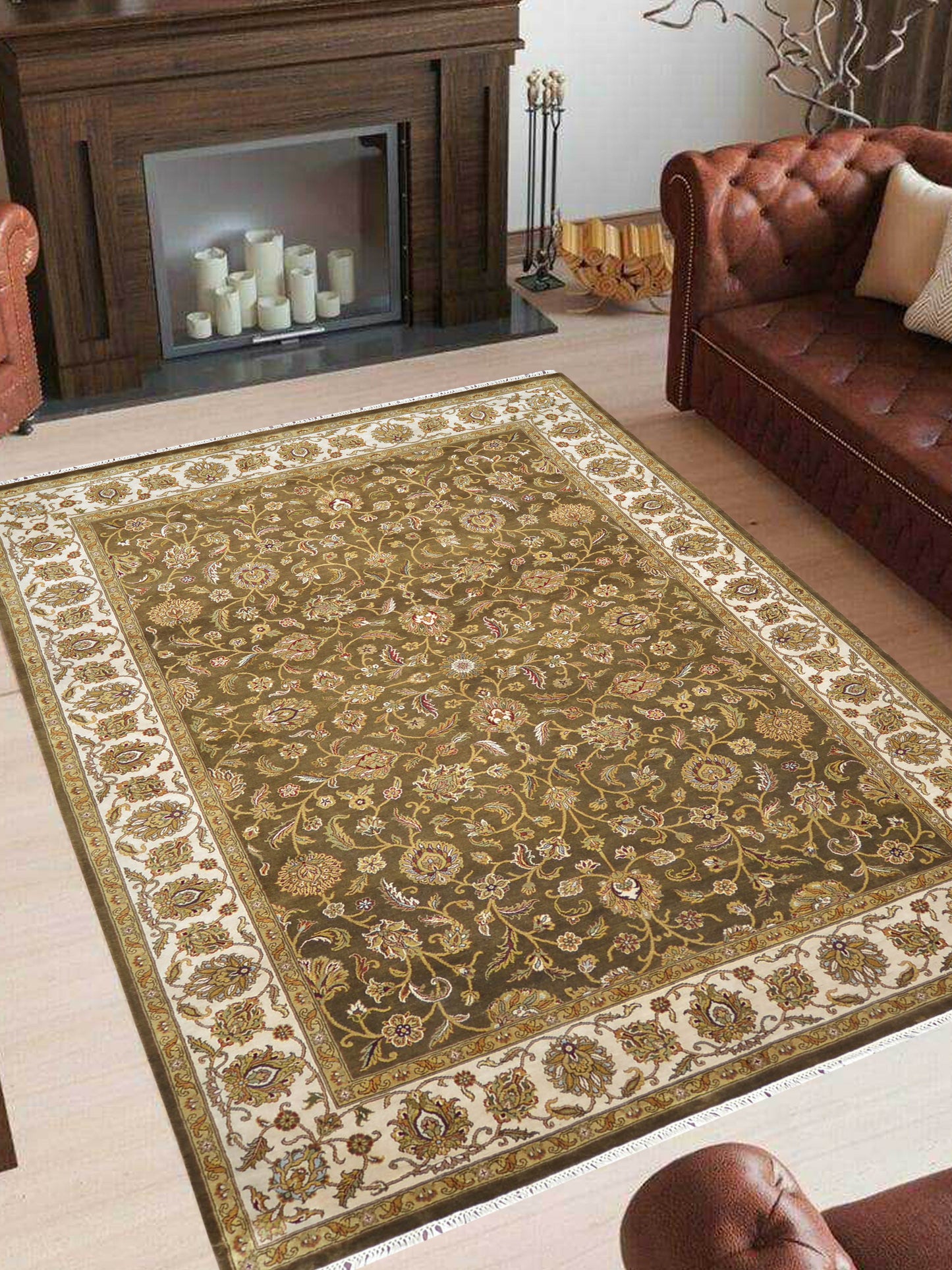 Brown and Ivory, Pure Silk Regular Persian Traditional Handknotted 6.6x9.5Ft 198x286Cms Area Rug