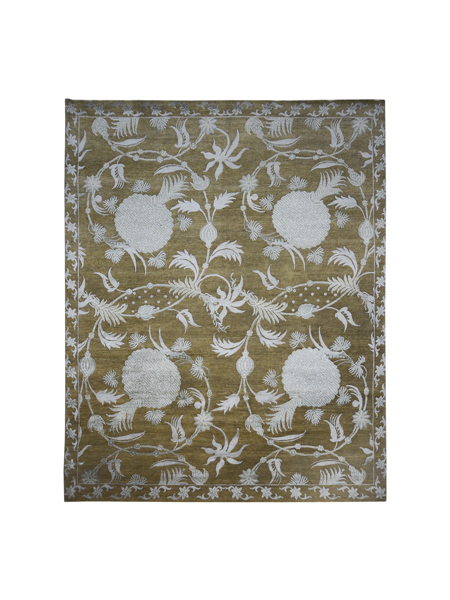 Mulberry Floral Camel, Brown and Silver Transitional Handknotted 8.0x10.3Ft 245x312Cms Area Rug