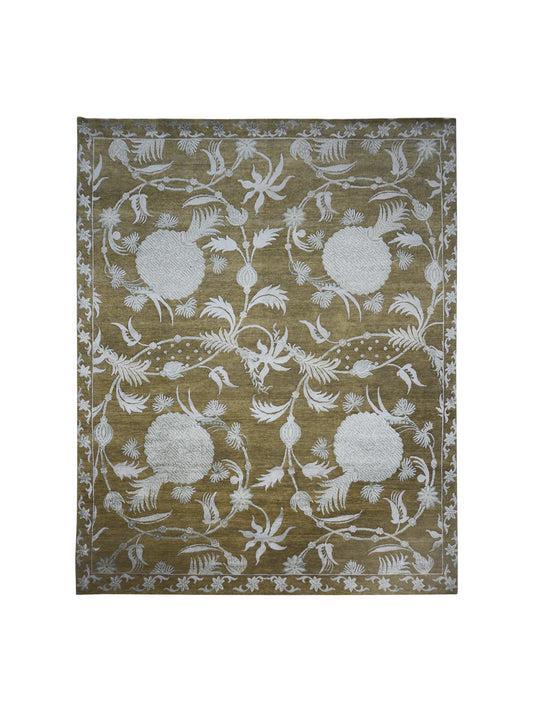 Mulberry Floral Camel, Brown and Silver Transitional Handknotted 8.0x10.3Ft 245x312Cms Area Rug