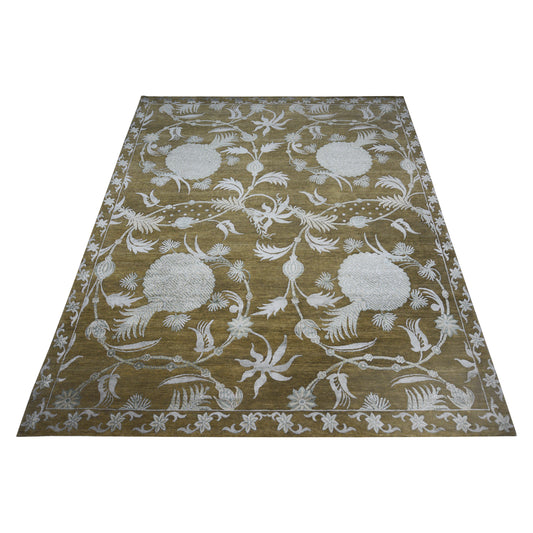 Mulberry Floral Camel, Brown and Silver Transitional Handknotted 8.0x10.3Ft 245x312Cms Area Rug