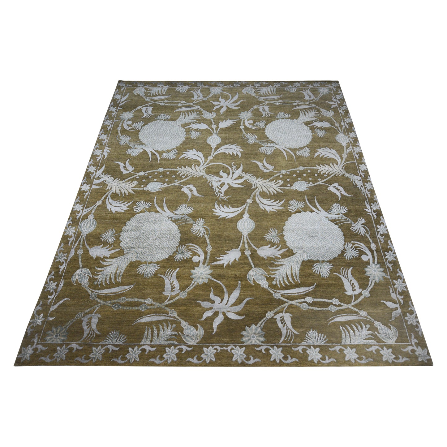 Mulberry Floral Camel, Brown and Silver Transitional Handknotted 8.0x10.3Ft 245x312Cms Area Rug