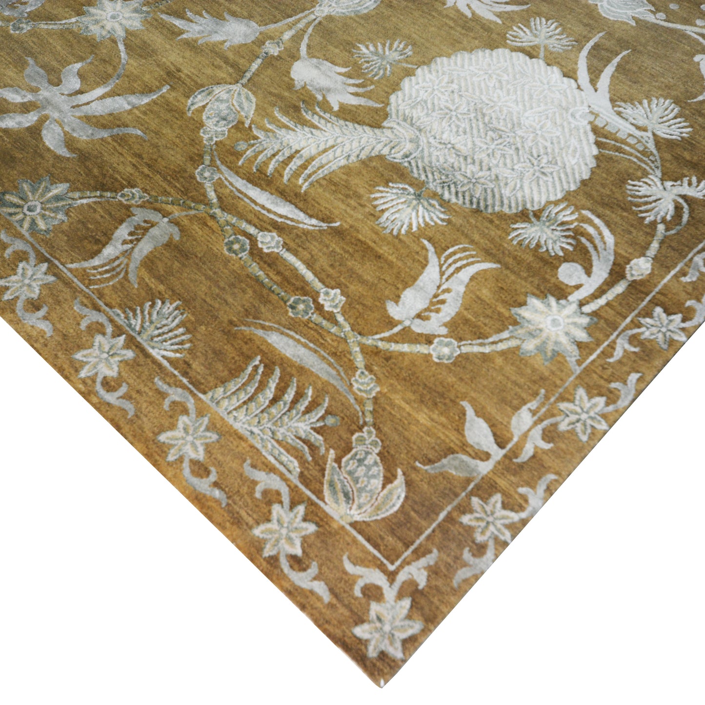 Mulberry Floral Camel, Brown and Silver Transitional Handknotted 8.0x10.3Ft 245x312Cms Area Rug