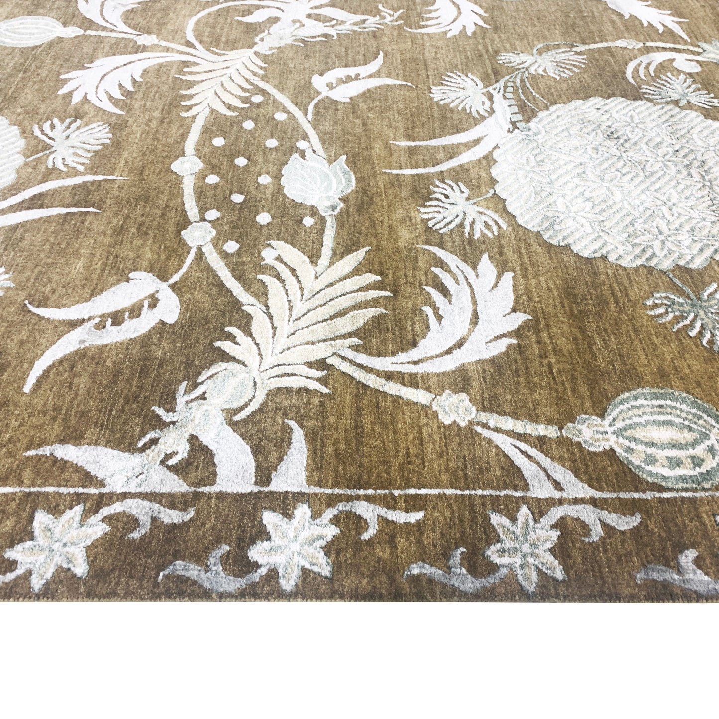 Mulberry Floral Camel, Brown and Silver Transitional Handknotted 8.0x10.3Ft 245x312Cms Area Rug