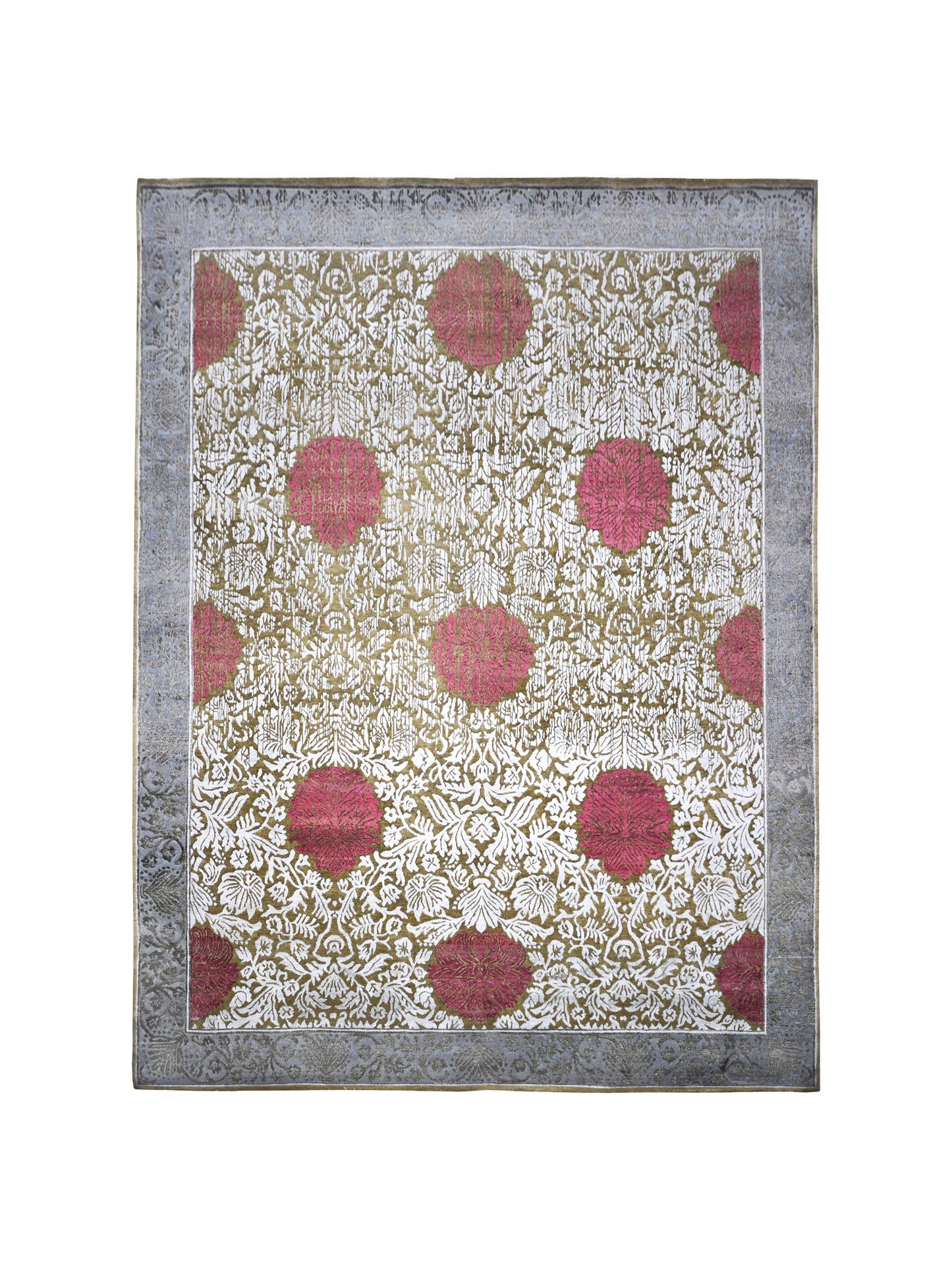 Rose Brown, Grey, Ivory and Red Damask Transitional Handknotted 7.11x10.3Ft 241x301Cms Area Rug