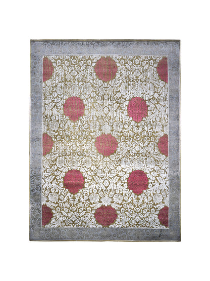 Rose Brown, Grey, Ivory and Red Damask Transitional Handknotted 7.11x10.3Ft 241x301Cms Area Rug