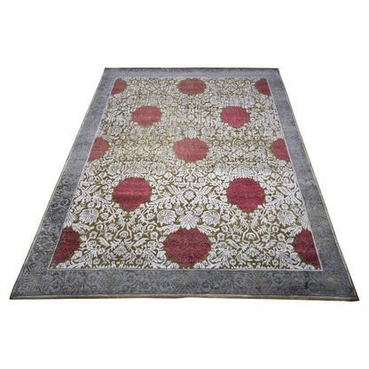 Rose Brown, Grey, Ivory and Red Damask Transitional Handknotted 7.11x10.3Ft 241x301Cms Area Rug