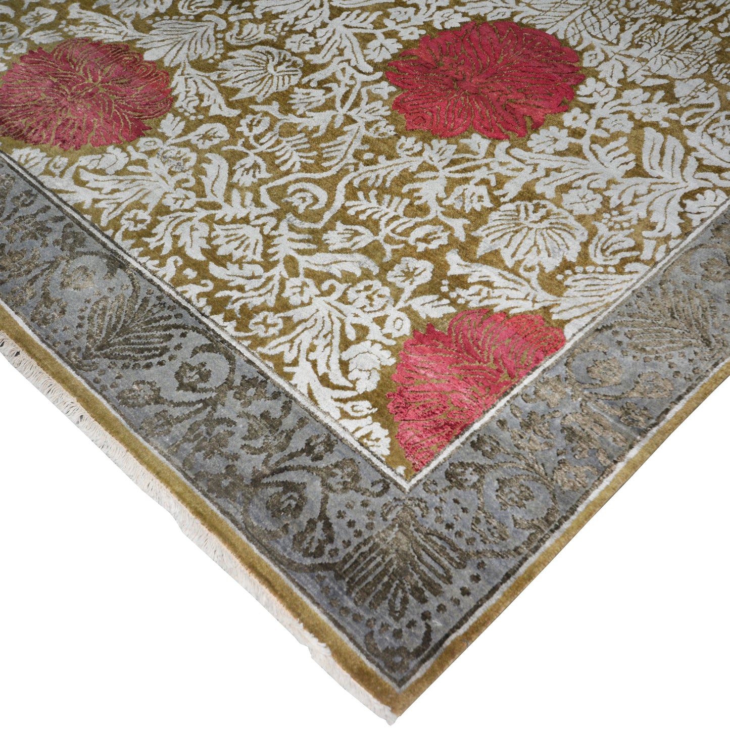 Rose Brown, Grey, Ivory and Red Damask Transitional Handknotted 7.11x10.3Ft 241x301Cms Area Rug