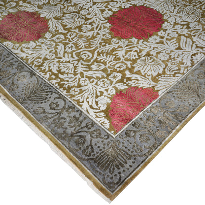 Rose Brown, Grey, Ivory and Red Damask Transitional Handknotted 7.11x10.3Ft 241x301Cms Area Rug