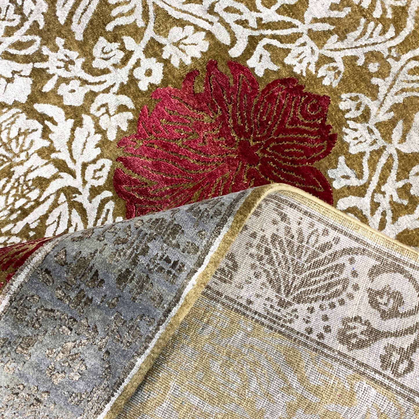 Rose Brown, Grey, Ivory and Red Damask Transitional Handknotted 7.11x10.3Ft 241x301Cms Area Rug