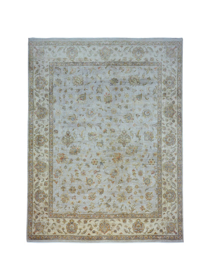 Elegacy Silver and Ivory Traditional Agra Floral Pure Silk Handknotted 7.11x10.1Ft 240x307Cms Area Rug