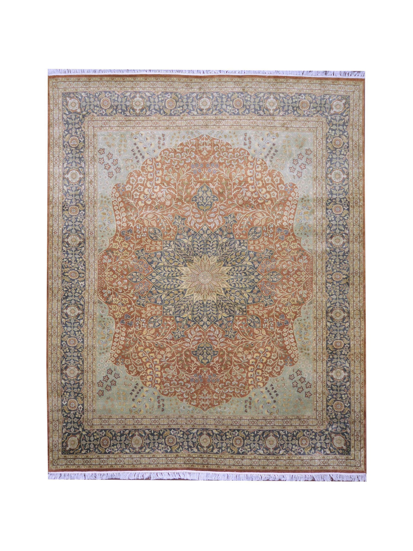 Brown and Red, Pure Silk Regular Pile Traditional Handknotted 8.0x10.0Ft 245x305Cms Area Rug