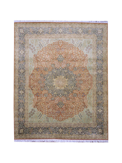 Brown and Red, Pure Silk Regular Pile Traditional Handknotted 8.0x10.0Ft 245x305Cms Area Rug