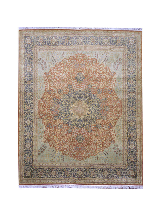 Brown and Red, Pure Silk Regular Pile Traditional Handknotted 8.0x10.0Ft 245x305Cms Area Rug