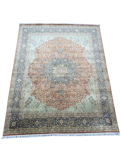 Brown and Red, Pure Silk Regular Pile Traditional Handknotted 8.0x10.0Ft 245x305Cms Area Rug