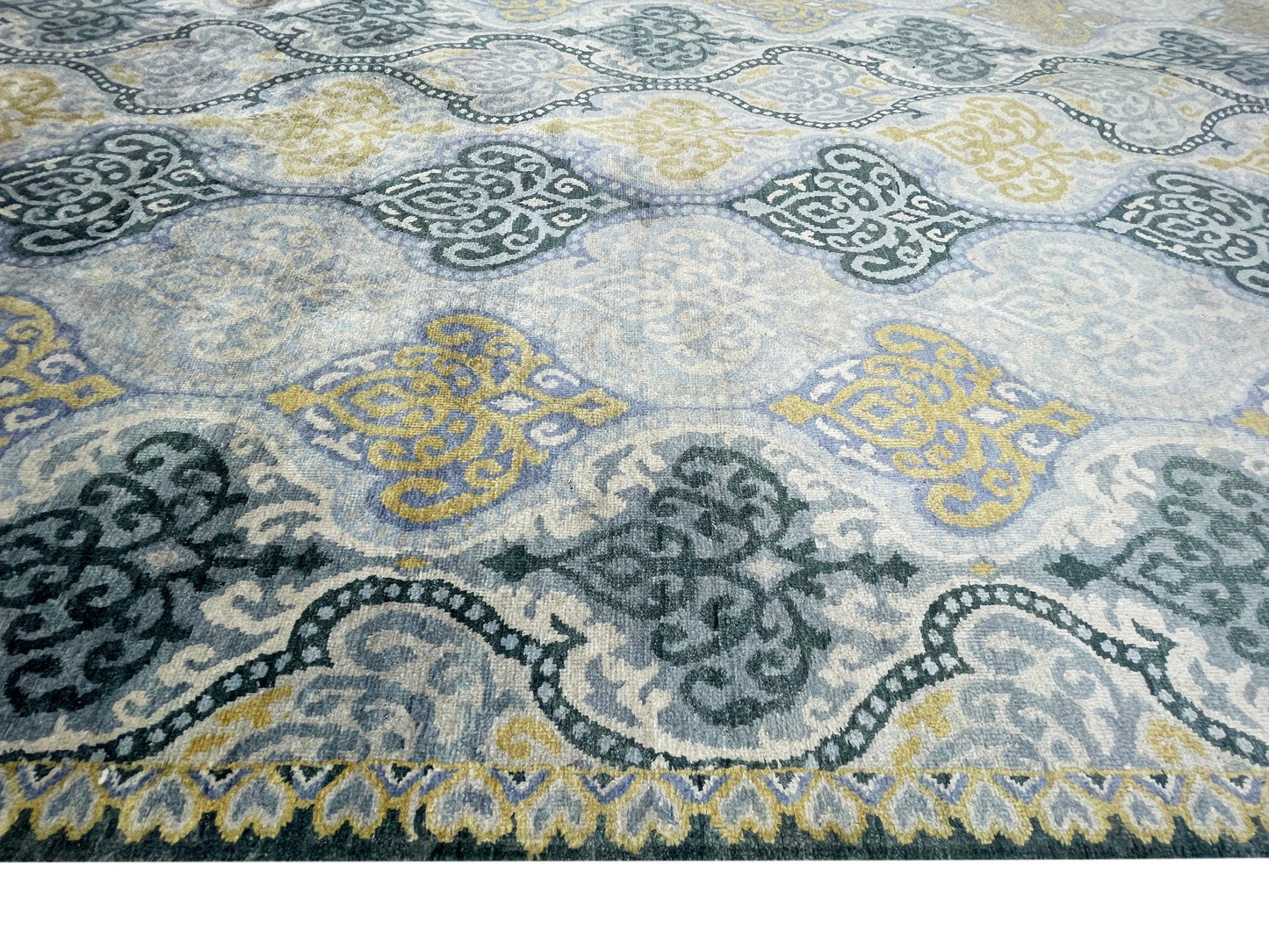 L.Blue and Gold Pure Silk Transitional Ikat Handknotted 9.9x13.10Ft 294x421Cms Area Rug