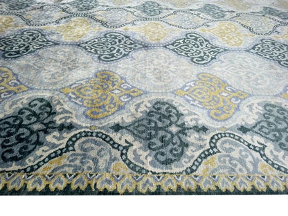 L.Blue and Gold Pure Silk Transitional Ikat Handknotted 9.9x13.10Ft 294x421Cms Area Rug