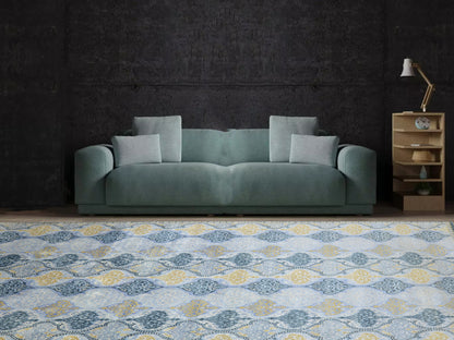 L.Blue and Gold Pure Silk Transitional Ikat Handknotted 9.9x13.10Ft 294x421Cms Area Rug