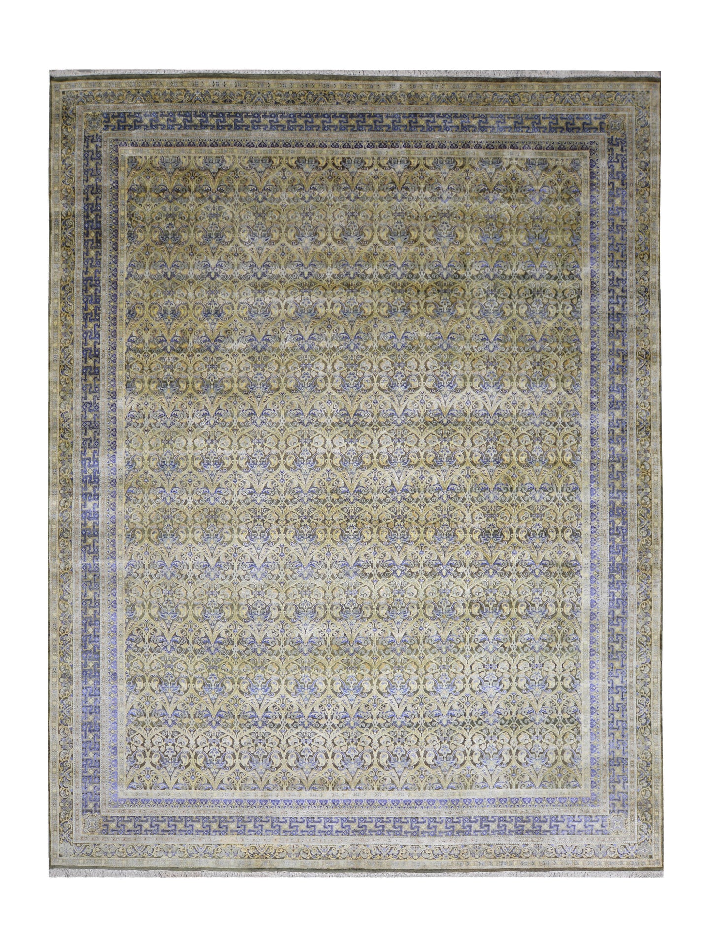 Gold and Blue, Silk Wool Oxidized Traditional Persian Handknotted 11.8x15.2ft 455x461Cms Area Rug
