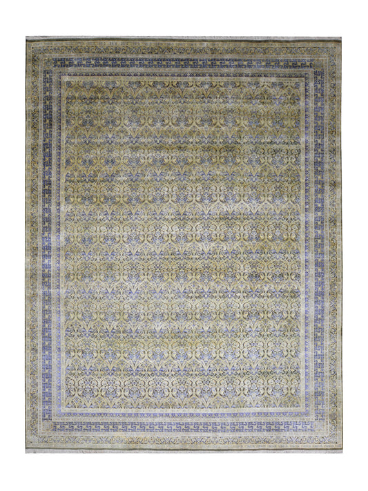 Gold and Blue, Silk Wool Oxidized Traditional Persian Handknotted 11.8x15.2ft 455x461Cms Area Rug