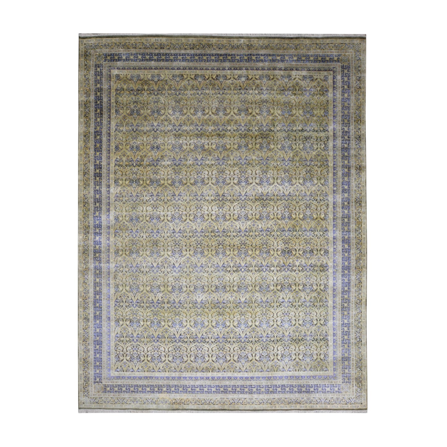 Gold and Blue, Silk Wool Oxidized Traditional Persian Handknotted 11.8x15.2ft 455x461Cms Area Rug