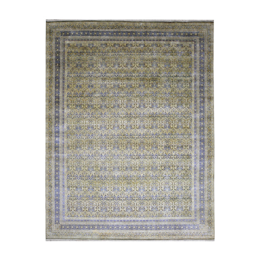 Gold and Blue, Silk Wool Oxidized Traditional Persian Handknotted 11.8x15.2ft 455x461Cms Area Rug