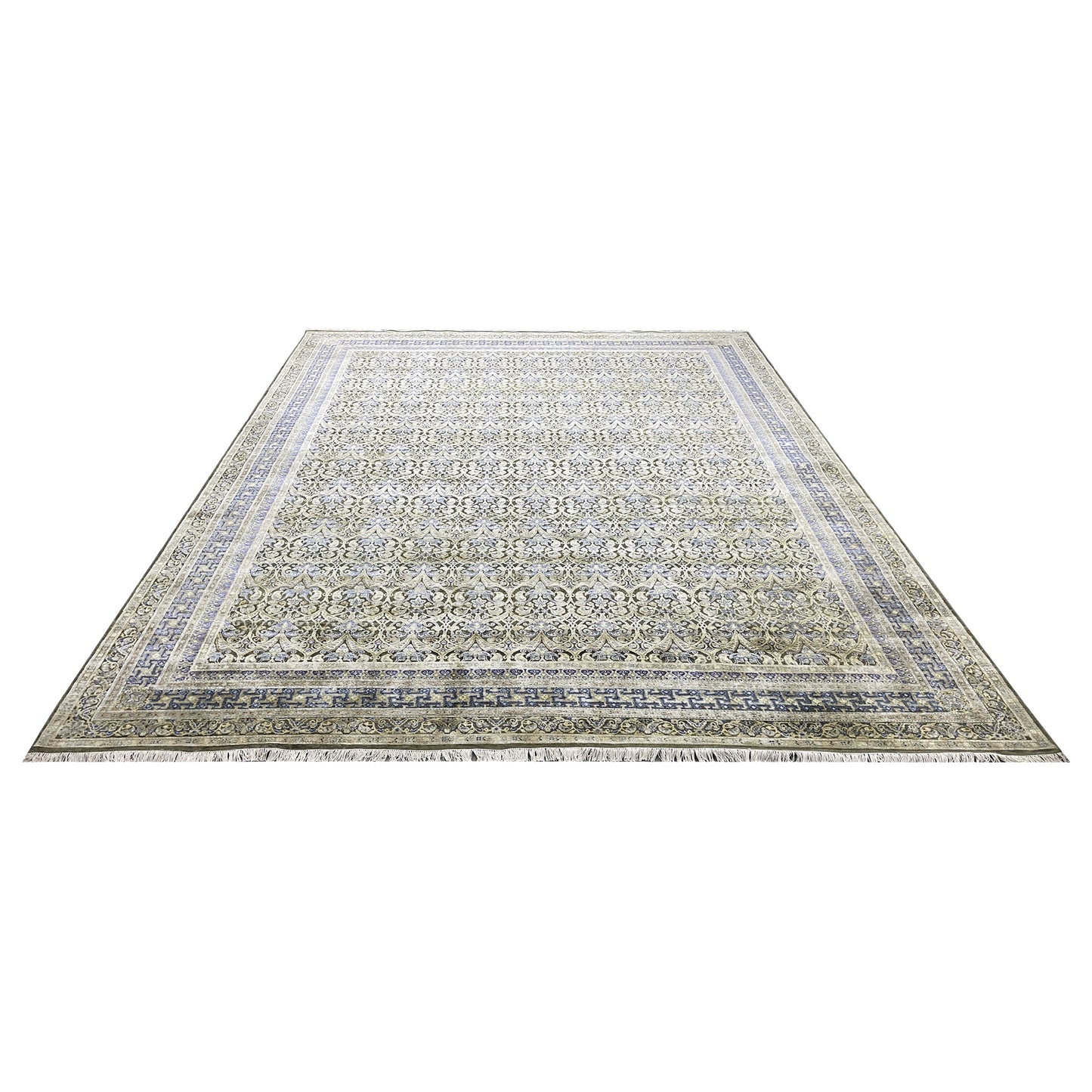 Gold and Blue, Silk Wool Oxidized Traditional Persian Handknotted 11.8x15.2ft 455x461Cms Area Rug