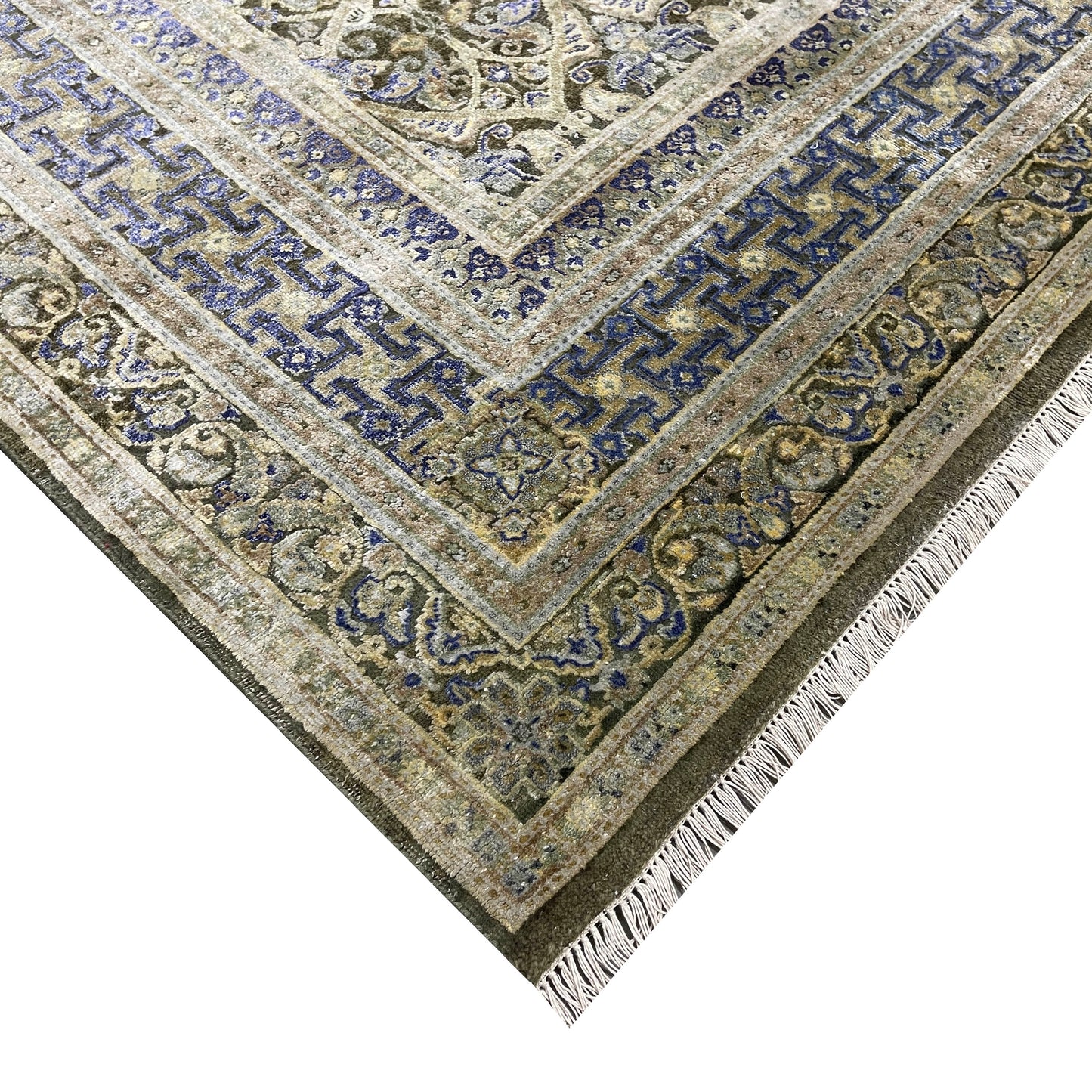 Gold and Blue, Silk Wool Oxidized Traditional Persian Handknotted 11.8x15.2ft 455x461Cms Area Rug