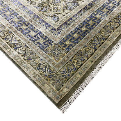 Gold and Blue, Silk Wool Oxidized Traditional Persian Handknotted 11.8x15.2ft 455x461Cms Area Rug