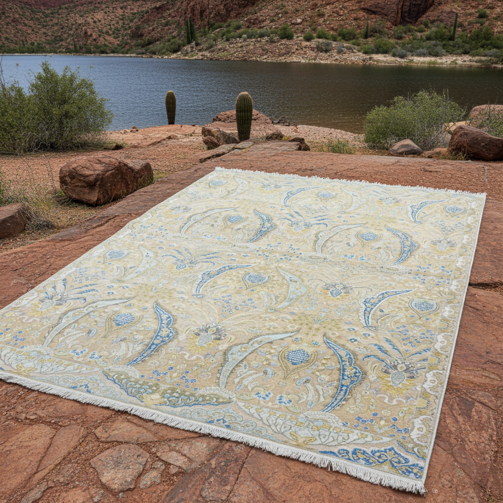 Beige and Blue, Blended Silk Transitional Persian Handknotted 9.10x14.5ft 303x442Cms Area Rug