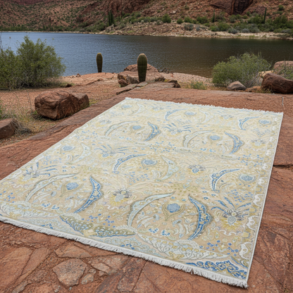 Beige and Blue, Blended Silk Transitional Persian Handknotted 9.10x14.5ft 303x442Cms Area Rug