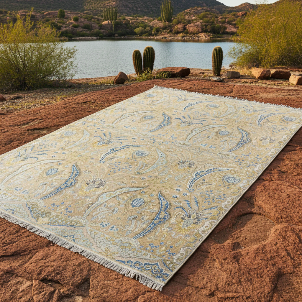 Beige and Blue, Blended Silk Transitional Persian Handknotted 9.10x14.5ft 303x442Cms Area Rug