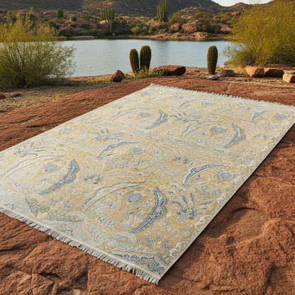 Beige and Blue, Blended Silk Transitional Persian Handknotted 9.10x14.5ft 303x442Cms Area Rug
