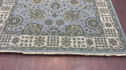 L.Blue and Ivory, Pure Wool Lo-Pile Traditional Soumak Handknotted 6.2x8.9Ft 189x266Cms Area Rug