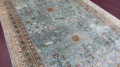 L.Blue and Ivory, Pure Silk Regular Traditional Handknotted 5.11x8.10Ft 180x268Cms Area Rug